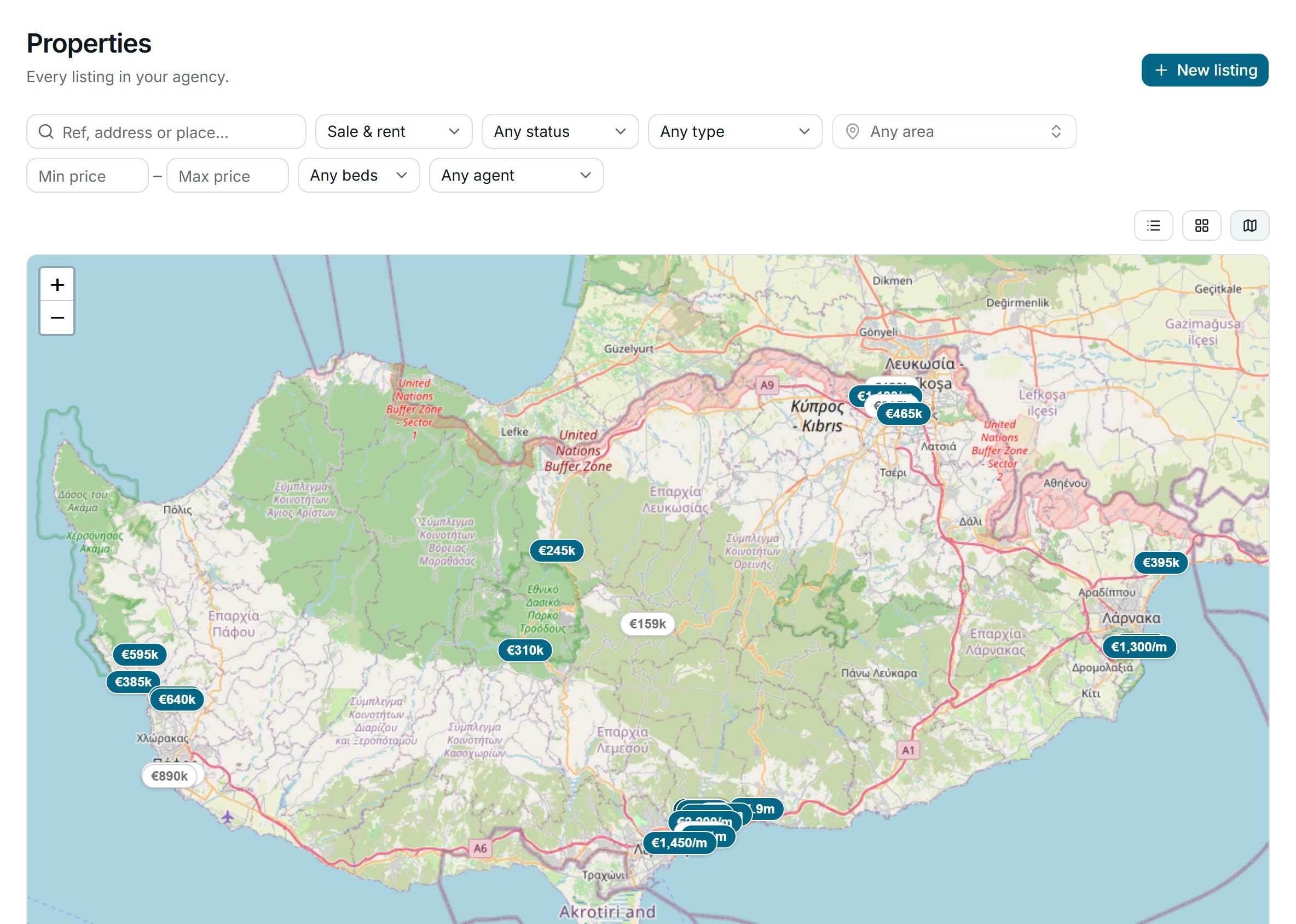 The same listings on the map